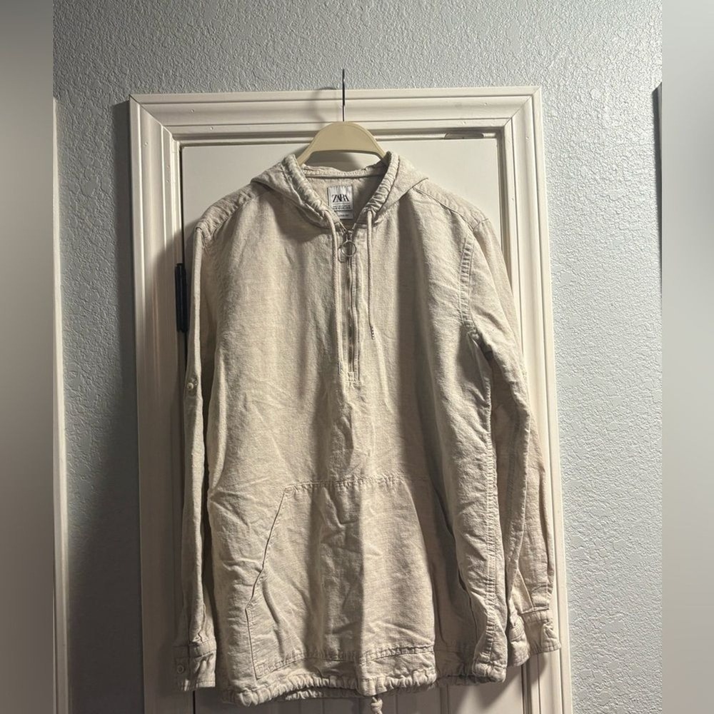 Zara Women's Linen Jacket Hooded Zip‎ Front Lightweight Coat Small